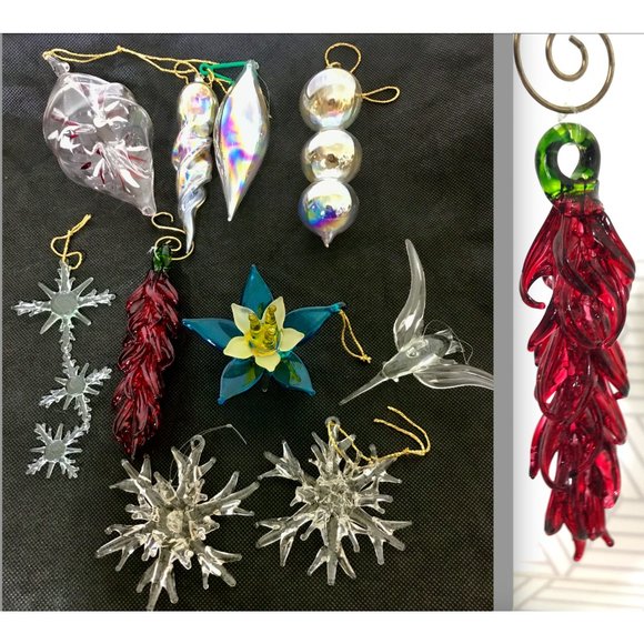 Vintage Lot of 10 Blown Glass Bird Pepper Flower Christmas Ornaments - Picture 1 of 14
